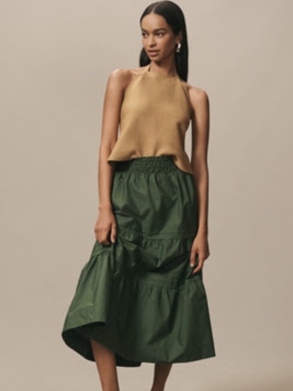 Anthropologie Somerset Maxi Skirt Moss Green Tiered Smocked Waist Pockets